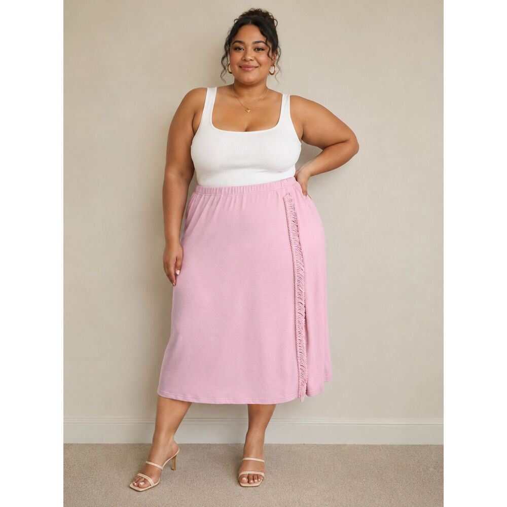 Women’s Soft Pink Fringe Detail Skirt Size 2X midi skirt by Lennie for Nina